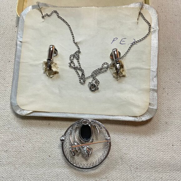 1950s Black Hematite Sterling Silver Jewelry Set – by Zeidell’s – Boxed - Picture 8 of 10